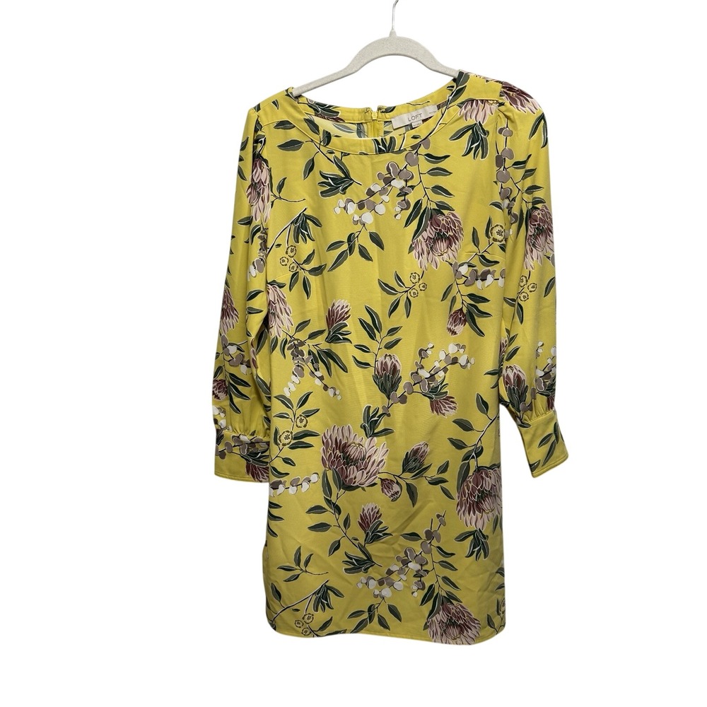 Ann Taylor Loft 10P Yellow Floral Dress Summer Preppy Cottage Shift Long Sleeve